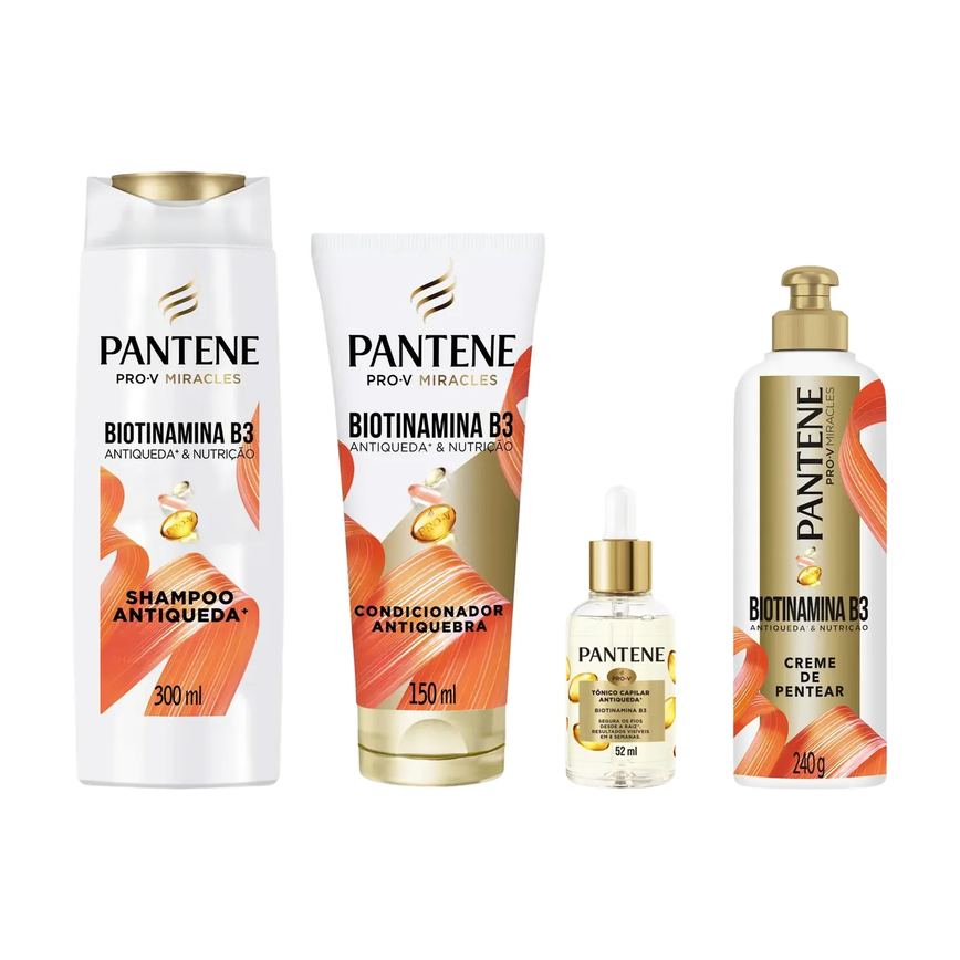 Kit Pantene Biotinamina B3 Antiqueda & Nutrição Shampoo 300ml + Condicionador 150ml + Tônico Capilar 52ml + Creme para Pentear 240g