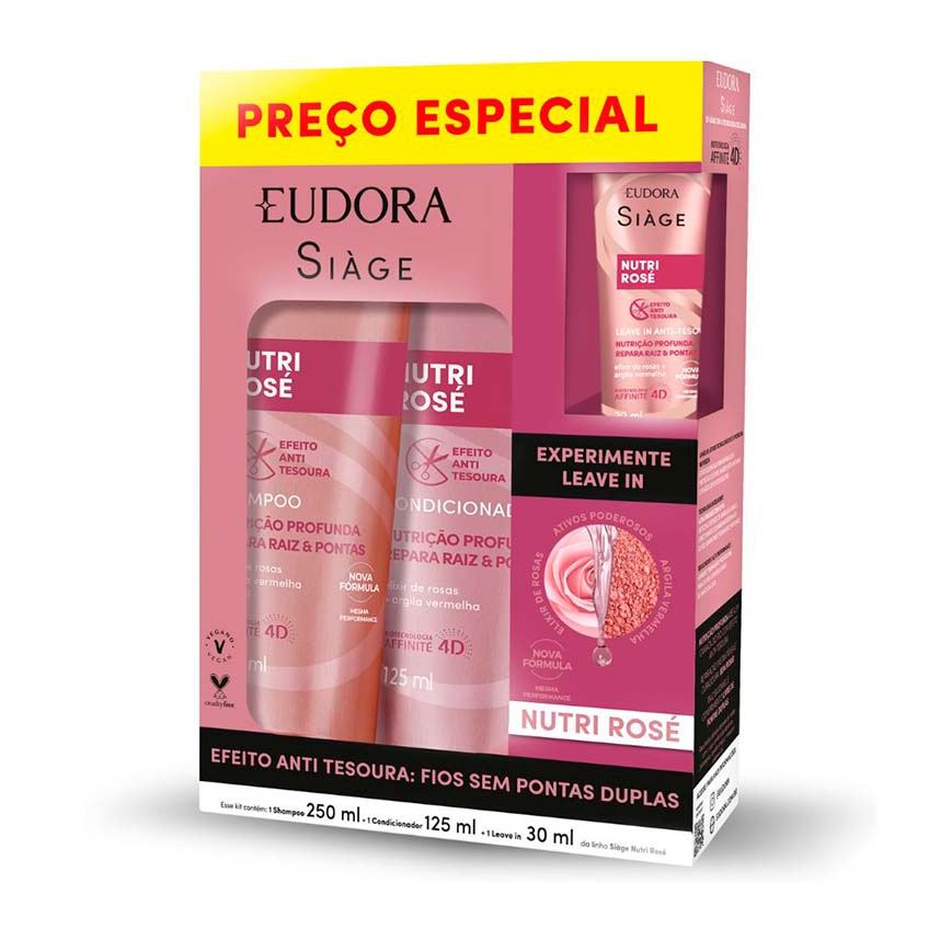 Kit Shampoo Eudora Siàge Nutri Rosé 250ml 1 Uni + Condicionador 125ml 1 Uni + Leave-in Rosé 30ml 1 Uni