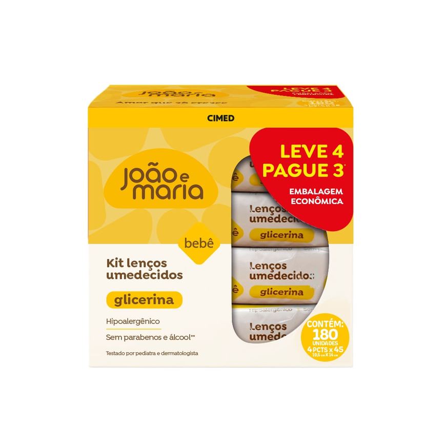 Kit Lenço Umedecido João E Maria Com Fragrância Bebê Pacote 4 Und 45 Unidades Cada Leve 4 Pague 3
