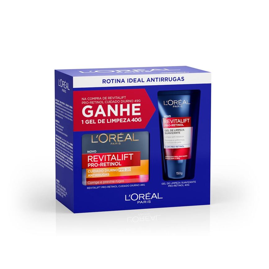 Kit Creme Antirrugas Cuidado Diurno Fps 20 Loréal Paris Revitalift Pro-Retinol 49g Grátis Gel De Limpeza Suavizante 40g