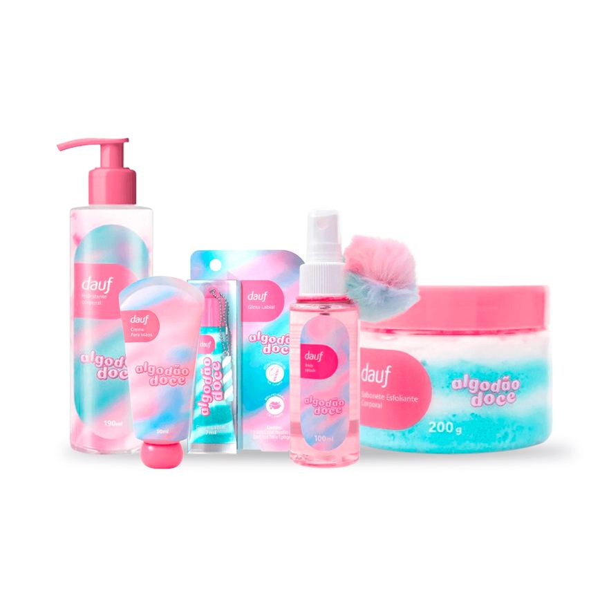 Kit Dauf Algodão Doce Sabonete Corporal 200g + Hidratante Para Mãos 50ml + Gloss Labial 7ml Azul + Hidratante Corporal 190ml + Body Splash 100ml