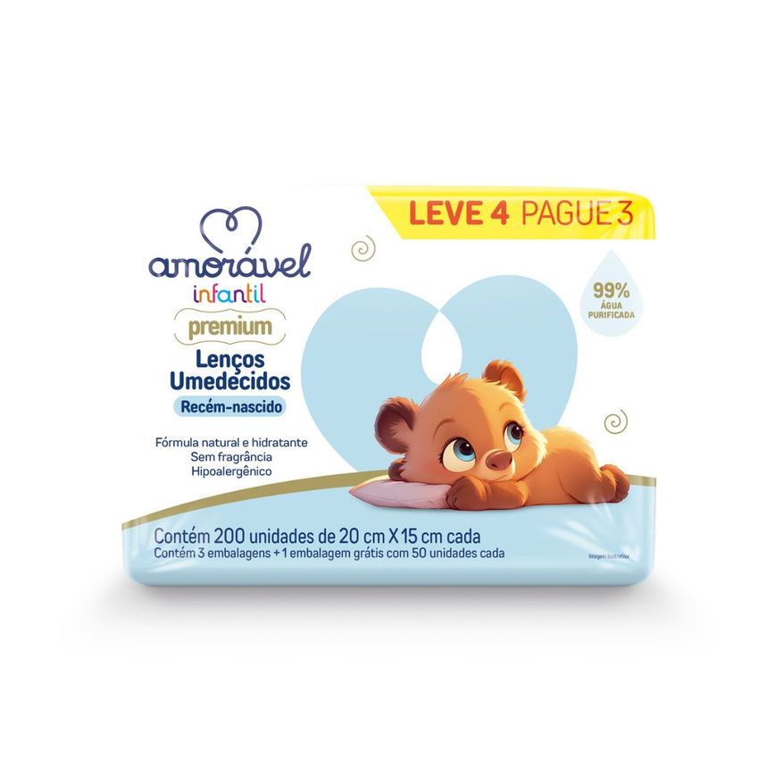 Lenço Umedecido Amorável Infantil 99% Água 50 Unidades Leve 4 Pague 3