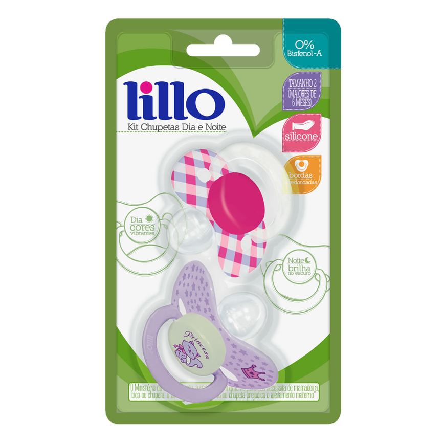 Chupeta Lillo Dia e Noite Ortodôntica +6 meses Brilha no Escuro Silicone Lilás Tamanho 2 2 Unidades