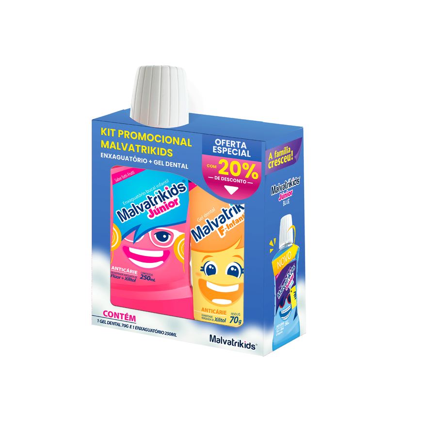 Kit Malvatrikids Enxaguante Bucal Infantil Júnior Anticárie 250ml + Gel Dental Infantil F-Intantil Anticárie 70g Oferta Especial 20% de Desconto