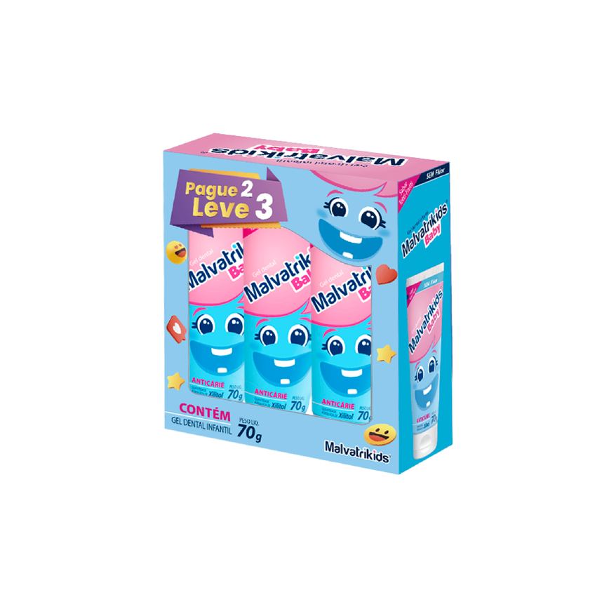 Kit Gel Dental Infantil Malvatrikids Baby Anticáries 70g 3 Unidades Leve 3 Pague 2