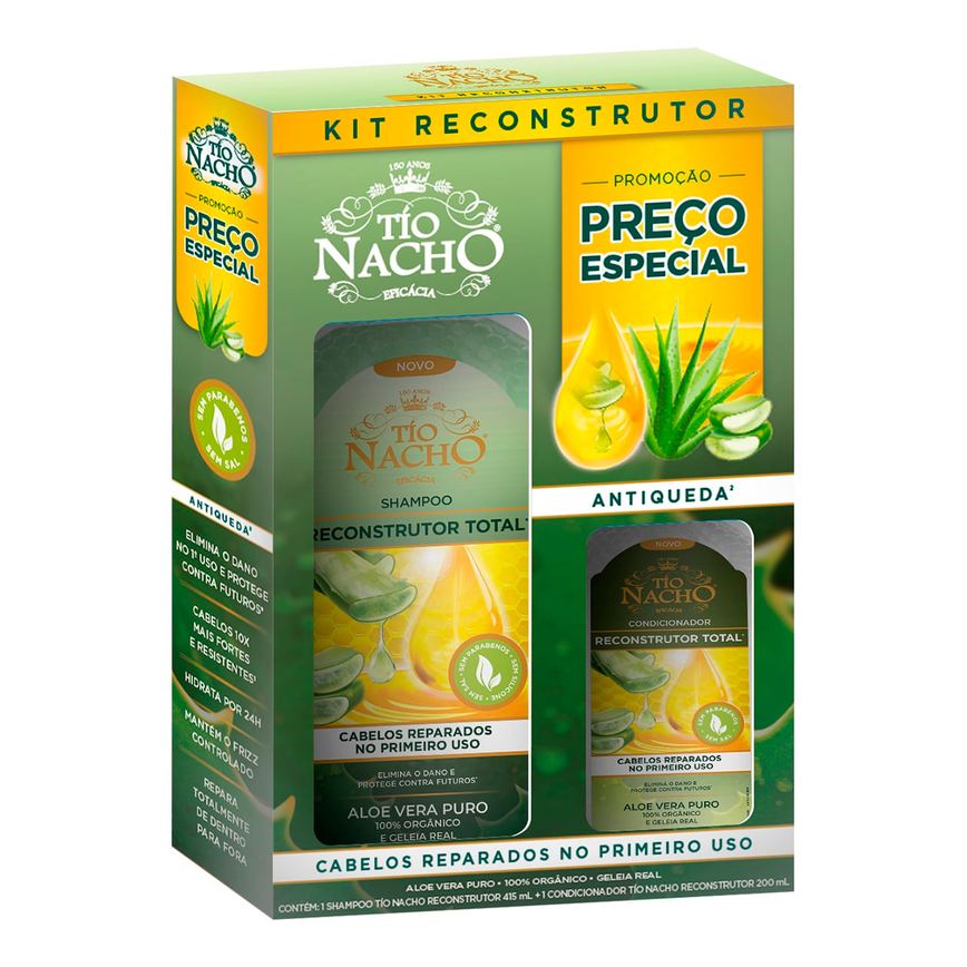 Kit Shampoo Tio Nacho Reconstrução Total Aloe Vera Puro 415ml 1 Uni + Condicionador Aloe Vera Puro 200ml 1 Uni