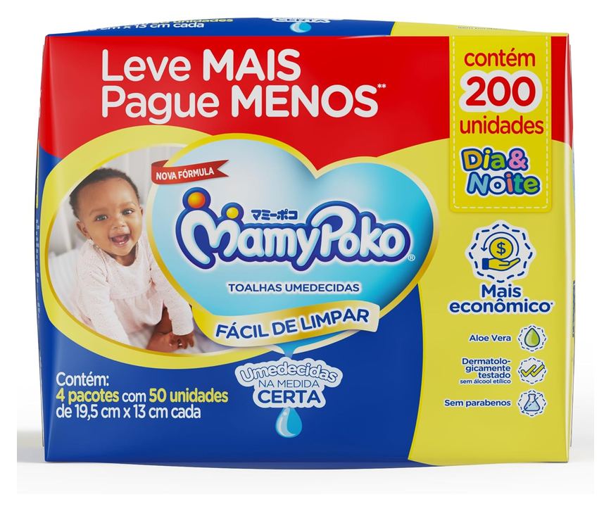 Toalhas Umedecidas MamyPoko Dia & Noite 200 Unidades Leve mais por Menos