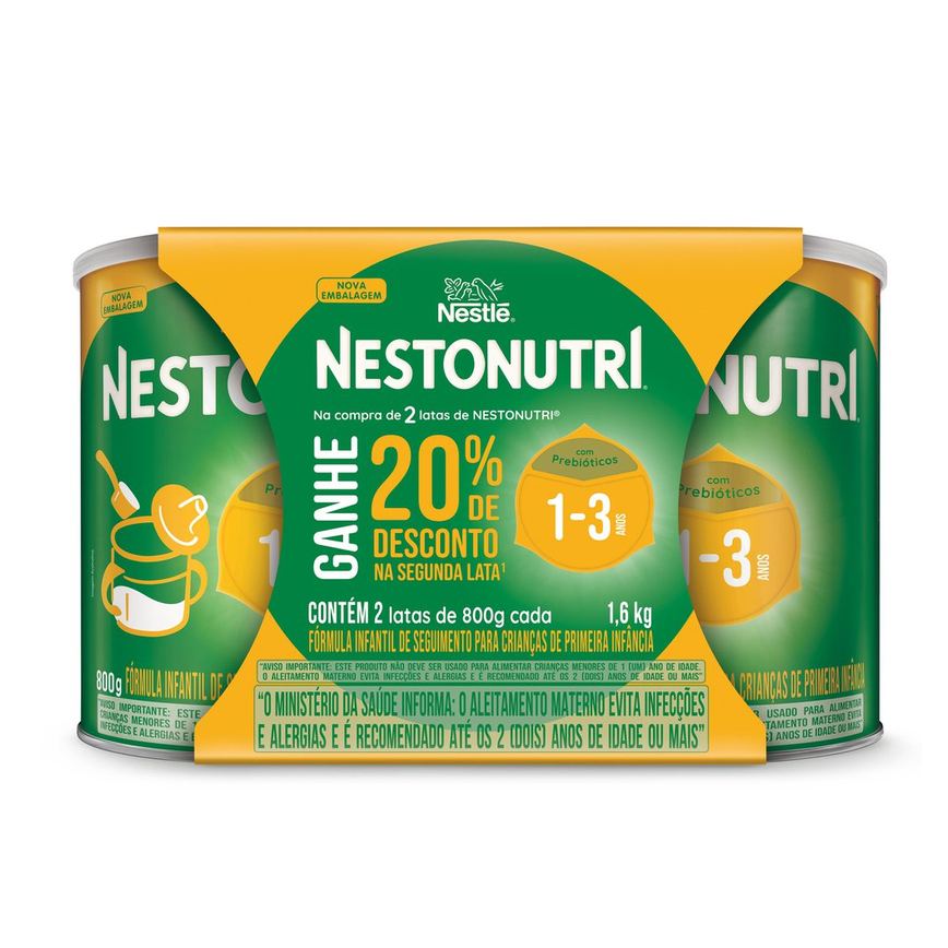 Kit Fórmula Infantil Nestonutri de 1 a 3 Anos 800g 2 Unidades Ganhe 20% de Desconto na Segunda Lata