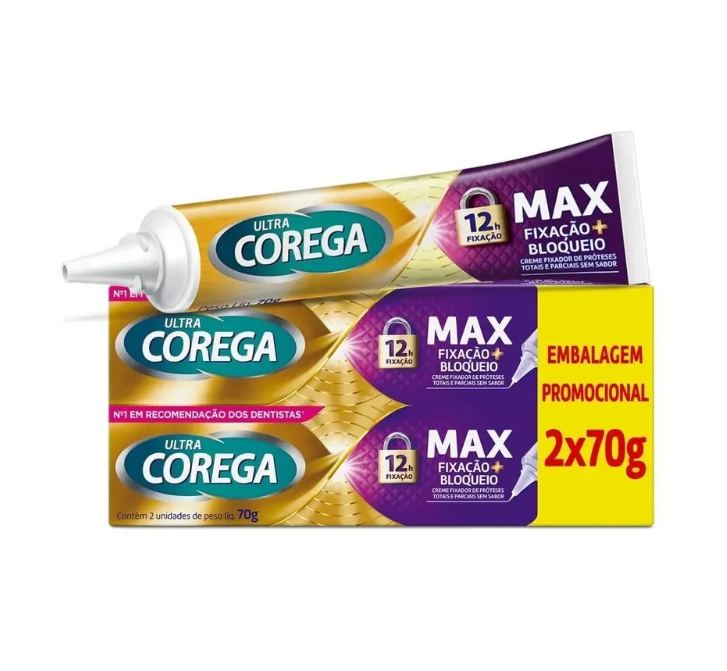 Creme Fixador de Dentadura Ultra Corega Max Fixação + Bloqueio Sem Sabor 2 unidades de 70g cada